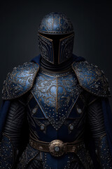 Detailed Armored Knight in Ornate Blue Suit Against Dark Background