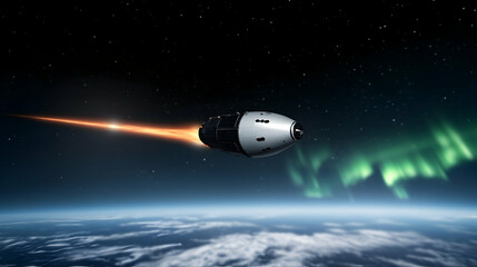 Fototapeta premium Spacecraft re-entry over Earth with aurora.