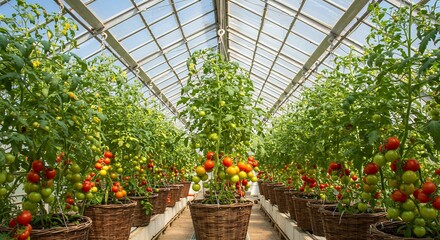 Greenhouse Tomatoes Growing in Hanging Baskets
