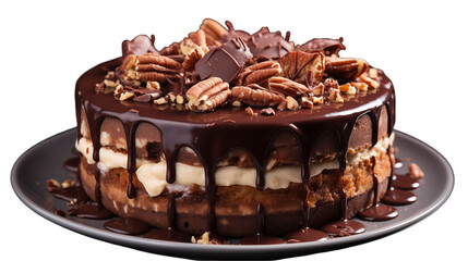 Chocolate Pecan Cake Sweet Dessert, Rich Glazed Treat for Bakery Lovers, isolated on transparent background.