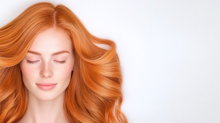 Naklejka premium Close-up of a woman with vibrant long red hair, eyes closed, minimalistic white background, glowing and serene, soft lighting, stylish and confident, natural beauty, fresh and radiant