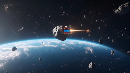 Naklejka premium Spaceship firing laser amidst asteroid field near Earth.