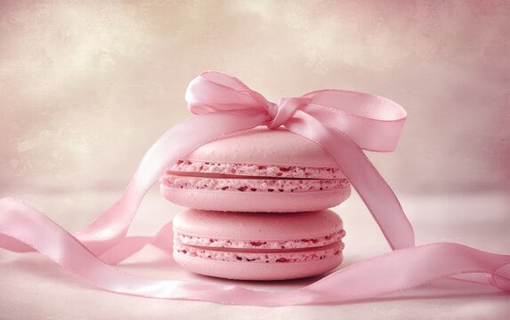 A stack of pink macarons tied with a silky pink ribbon on a soft pastel background, delicate and romantic dessert for Saint Valentines Day