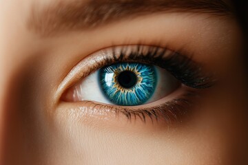 Obraz premium Macro shot of a womana??s vibrant emerald-blue eye, with radiant veins and intricate textures in the iris, captured in