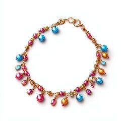 Bohemian-style beaded anklet with tiny charms, isolated on a clean white background
