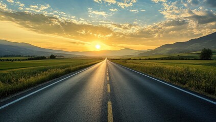 Naklejka premium Sunset Road Trip: Golden Hour on the Open Road