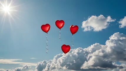 Fototapeta premium Heart-shaped balloon floating in the sky with a couple standing below.