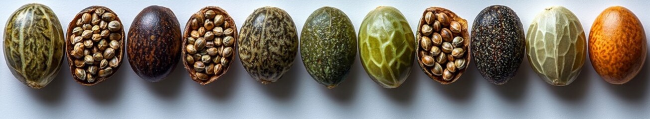 Close up of hemp seeds arranged in a chaotic horizontal line against a white backdrop