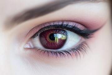 Obraz premium Macro shot of a womana??s vivid burgundy eye, with sharp contrasts and intricate patterns within the iris, shot in