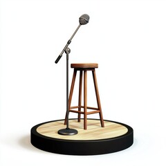 Comedy club stage with a wooden stool and a single microphone stand, centered on a clean white background