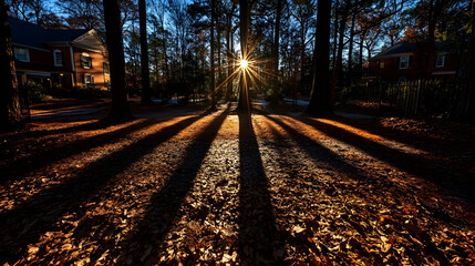 Obraz premium Sun rays through trees casting long shadows on autumn leaves in a residential neighborhood.