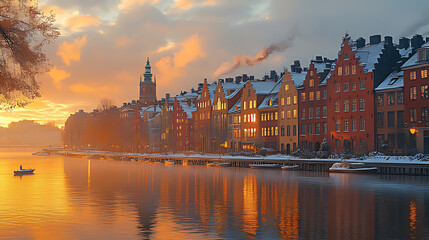 Fototapeta premium Snowy waterfront city sunrise, boat, reflection, winter tourism