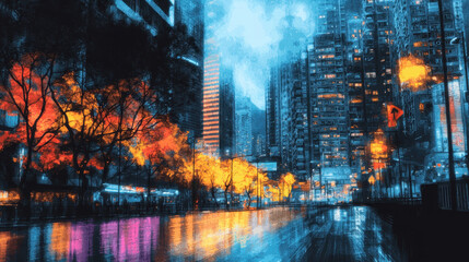 Obraz premium Vibrant Night Cityscape with Lights and Reflections in Urban Setting