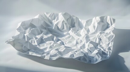 Crumpled white paper texture on a soft grey background creates a minimalist artwork