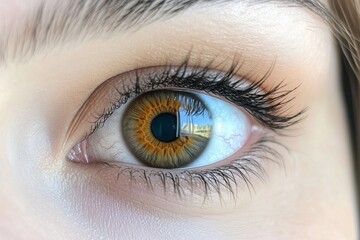 Fototapeta premium Macro shot of a womana??s rich amber-brown eye, showcasing detailed iris patterns with vibrant highlights, captured in