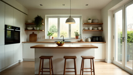 Kitchen in Bright White with Open Shelving, Stylish Bar Stools, and a Touch of Greenery