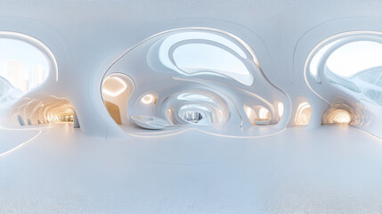 full 360 panorama view of white futuristic building environment with bright lighting 3d render illustration hdri hdr vr style