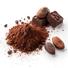 A professional-quality close-up of dark cocoa powder, rich in texture with fine, soft particles scattered around, alongside a small portion of whole cocoa beans, placed on a clean white surface.