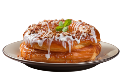Pecan Caramel Pastry Sweet Baked Dessert, Cream Glaze with Nuts for Treats, isolated on transparent background.