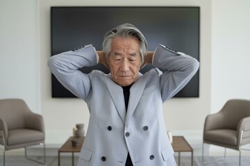 Fototapeta premium Elderly Asian Man Gray Suit Practicing Mindfulness Modern Interior