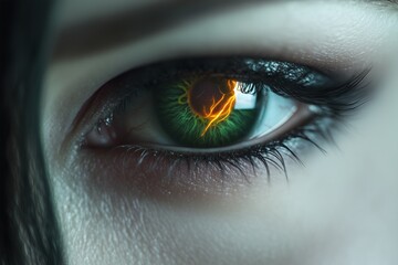 Macro shot of a womana??s deep forest-green eye, showcasing glowing veins and smooth iris gradients, captured in