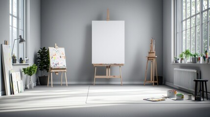 Bright Artist Studio Interior with Blank Canvas and Natural Light