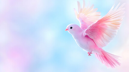 Pink dove in flight, pastel background, peace symbol, greeting card