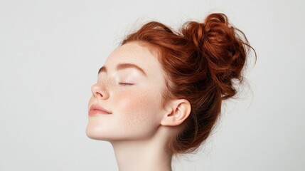 Naklejka premium serene young woman with freckles and red hair in a messy bun enjoying a moment of peace with her eyes closed
