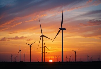 Obraz premium Silhouetted Wind Turbines Sunset - Eco-Friendly Renewable Energy Image