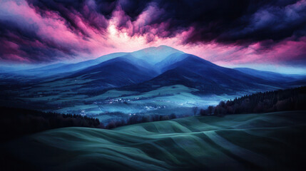 Fototapeta premium Majestic Mountain Landscape with Dramatic Sky and Rolling Hills