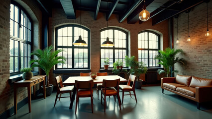 Fototapeta premium Loft with Industrial Design Featuring Leather Sofas, Artistic Lighting, and Large Green Plants