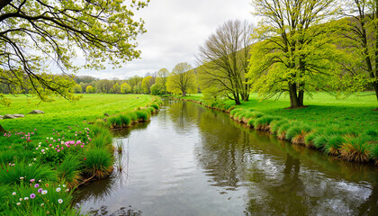 Fototapeta premium Tranquil green river flowing through spring meadows, natural beauty