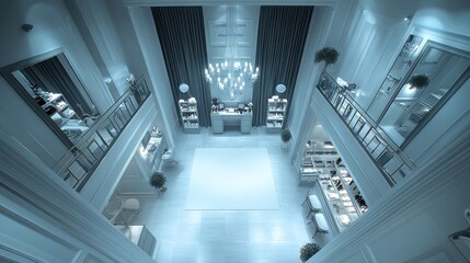 Obraz premium High-angle view of a modern, luxurious boutique interior with a central atrium and display counters.
