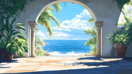 Modern archway overlooking serene ocean view. ocean archway. illustration. Serene Archway. Illustration