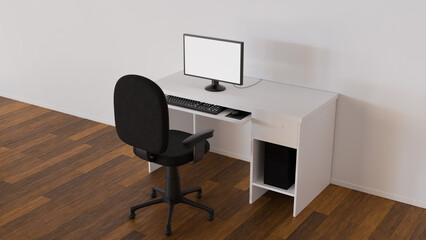Modern workspace featuring a light wooden desk, a black computer, and an ergonomic office chair. Natural light floods the space, creating a perfect environment for productivity and creativity.