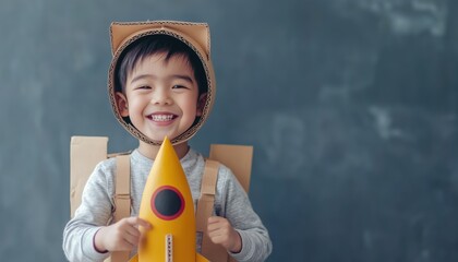 Adorable Asian Little Boy Poses As Pilot Or Spaceman With Diy Cardboard Rocket On Grey Background, Smiling Happily - Kid Toy.