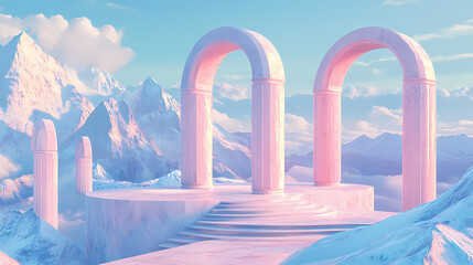 Fototapeta premium Pastel paradise: a serene backdrop of snow-capped mountain peaks sets the stage for a trio of pastel-hued archways and cylindrical platforms. Serene Archway. Illustration