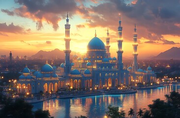 Obraz premium Majestic Mosque with Blue Domes Beside a River at Sunset