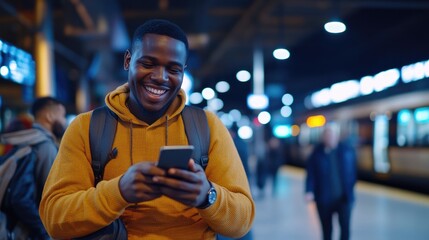 Smiling man texting at night train station