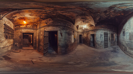 Obraz premium 360 spherical paborama view of dark industrial style prison building interior hallway basement 3d render illustration hdri hdr style