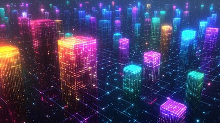 Obraz premium Neon Cityscape Digital Architecture Illuminates Night