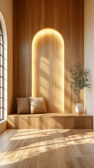 Warm wooden interior with arched alcove