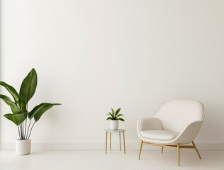 Minimalist interior with white chair and green plants