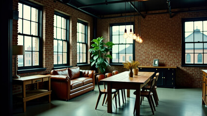 Fototapeta premium Spacious Loft with Industrial Charm, Leather Sofa, and Elegant Dining Area Under Suspended Lights