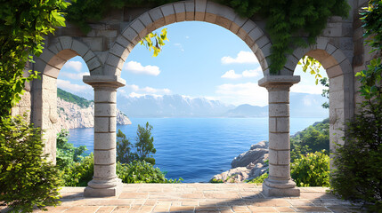 Obraz premium Stone archway overlooking coastal scenery. Serene Archway. Illustration