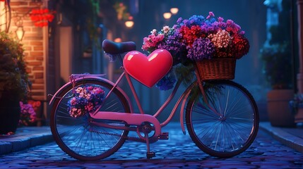 Fototapeta premium Bicycle with wheels and a basket of flower street background