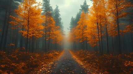 Autumnal forest path, misty morning, gold leaves, tranquil scene, nature wallpaper