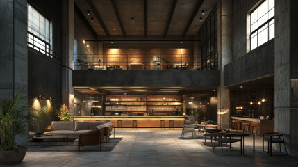 dark abstract concrete and soldered metal steel hangar hall industrial design 3d rendering