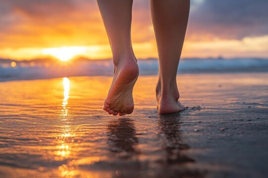 A person walks barefoot on a reflective beach at sunrise, feeling the cool, calming waves. This moment captures a sense of freedom, tranquility, and emotional healing