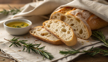 Sliced artisan bread with olive oil dip and rosemary garnish